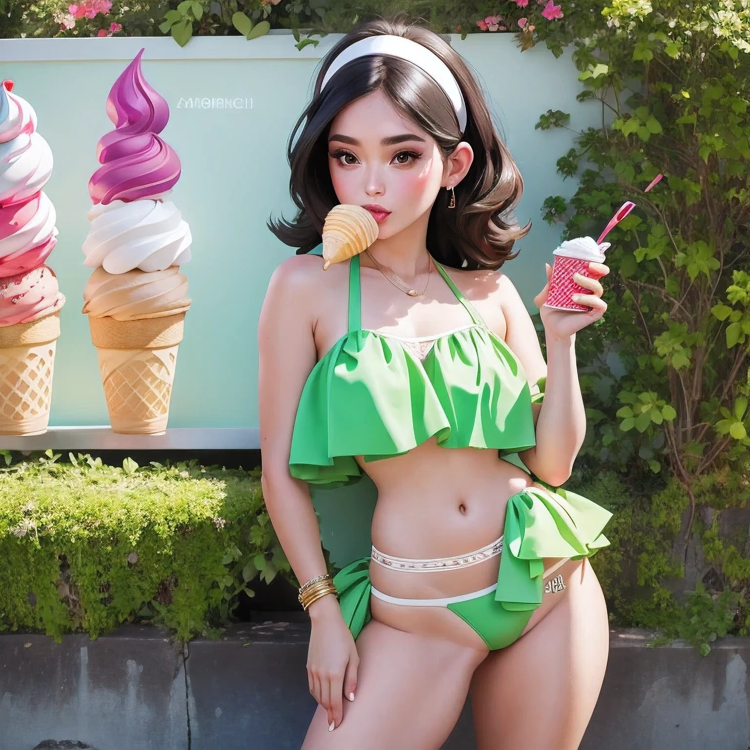 araffe1 girl in a bikini eating an ice cream cone, eating ice cream, in a bikini, angela white, giorgia meloni, katy perry, in bikini, eating ice - cream, wearing spandex bikini, ice cream on the side, bikini, ice cream, wearing a bikini,  candid photo of dirty, shiny plastic bikini, candid shot, cone, 1 girl, solo，in a green dress standing by a wall,portrait of female idol, 