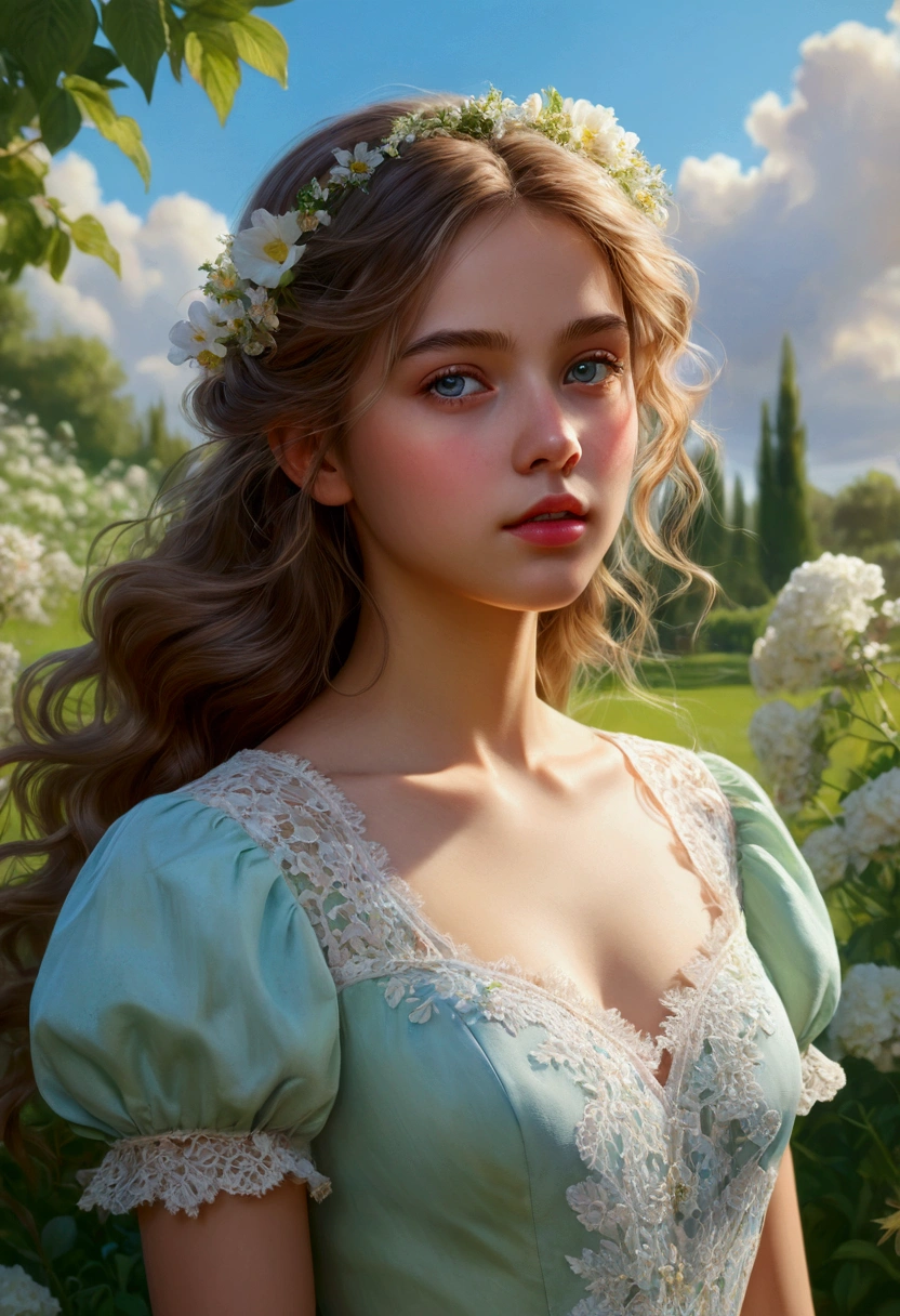a girl in a garden,medium:oil painting,detailed flowers and plants,soft sunlight filtering through the trees,vibrant colors,beautiful detailed eyes,beautiful detailed lips,soft breeze blowing her hair,intense gaze,playful expression,flowing dress,delicate lace trim,feminine silhouette,green grass and blooming flowers,bright blue sky with fluffy white clouds(best quality,4k,8k,highres,masterpiece:1.2),ultra-detailed,realistic:1.37,impressionistic style,pastel color palette,warm and golden lighting