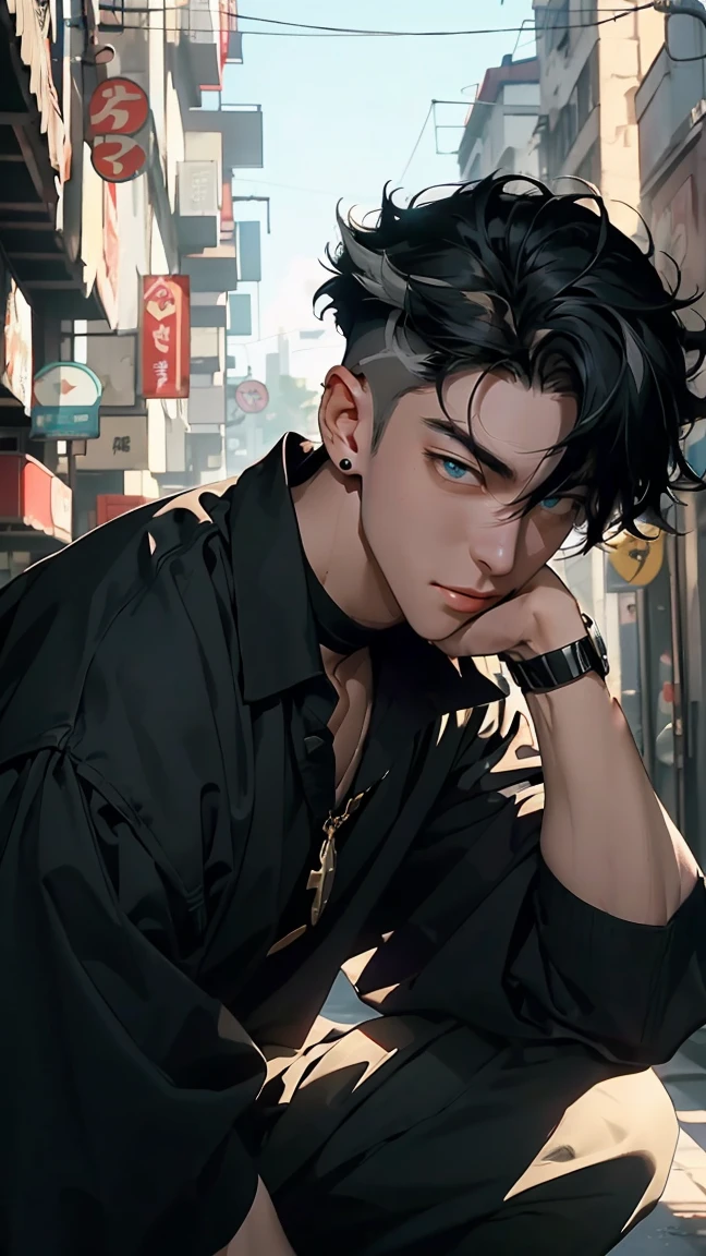 highest quality, 8K, high resolution image, anime style Jujutsu Kaisen, (Wriothesly/Genshin Impact), detailed strokes, bored look, blurry, purple light reflecting from it, (close angle), 1 man, young, male, model, Hand in pocket, Cool guy, multicolored background with different geometric shapes, around stickers, muscular, black hair, aqua eyes, multicolored hair, gray hair, highlighted hair, hairstyle: undercut, swollen chest. He is wearing a white Collared shirt, black fur coat on shoulders, sleeves rolled up and black sweatpants, black sweatpants and a gold link chain, sweatpants, background: big city, street