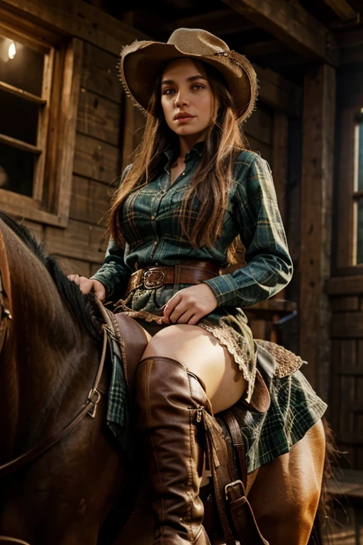 a beautiful irish girl in a cowboy dress riding a big horse, medieval era background, intricate details, high quality, photorealistic, cinematic lighting, vibrant colors, fantasy art style, dramatic lighting, detailed facial features, long eyelashes, beautiful detailed eyes, beautiful detailed lips attire including a wide-brimmed hat, a plaid shirt, leather chaps, and boots with spurs, short skirt, focus on girl, wide angle 