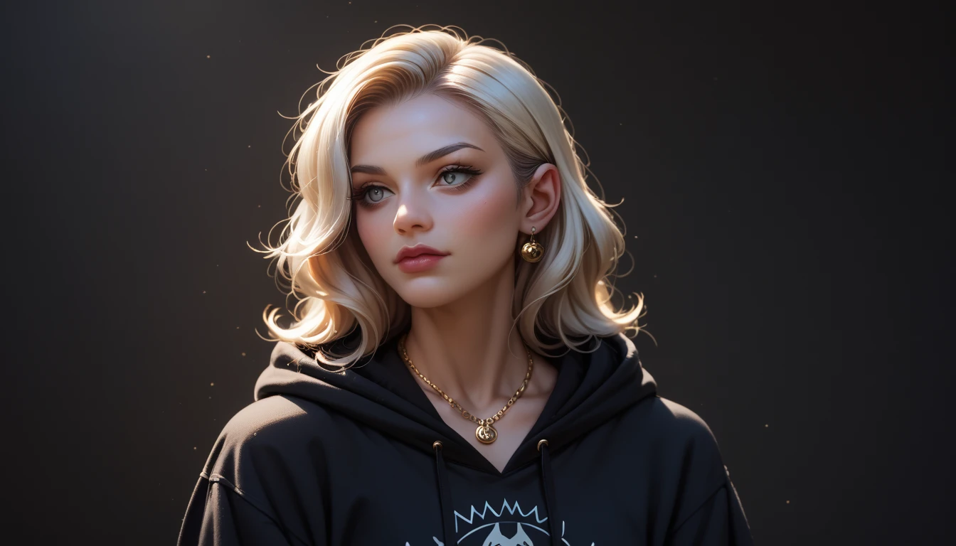 very beautiful girl, there is a big black cat ride on her shoulder, the beautiful girl wearing hoodie, black cat wearing gold necklace, half body, 8k