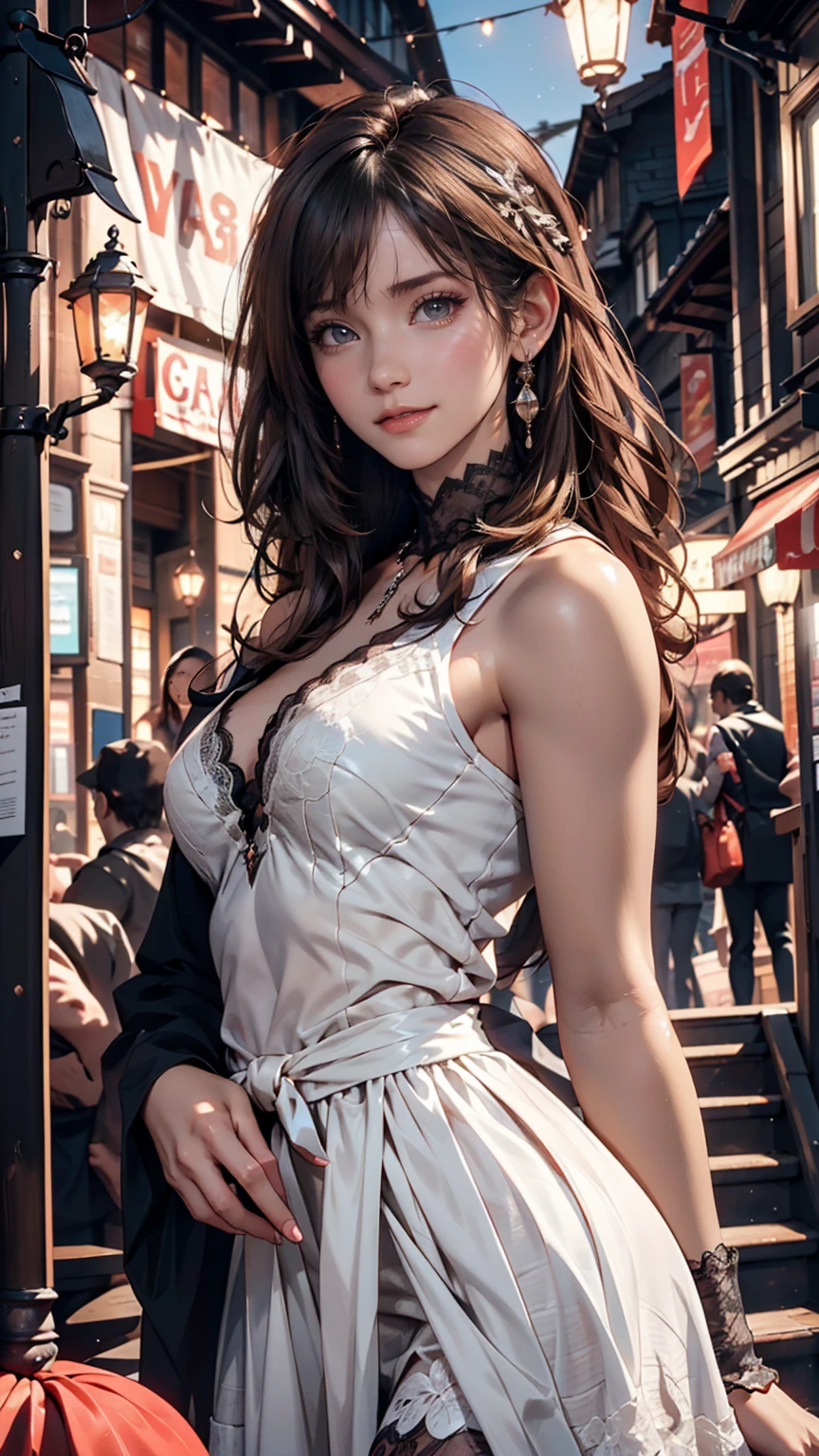 masterpiece, (Front Focus), Surrealist female portrait, Fantasy art, realism, Dynamic Lighting, Art Station, Poster, Volumetric lighting, Highly detailed face, black and fluffy eyes, Sparkling Eyes,4K, Award-winning, 1 girl, Modest,Full Body Shot, (Official attire: 1.4,white lace gown), Street lights, Dark brown hair, 24-year-old woman、Sexy proportionature female body、Sexy proportionakeup、Lips with red lipstick、Textured skin((textured skin))、smile、Narrow waist