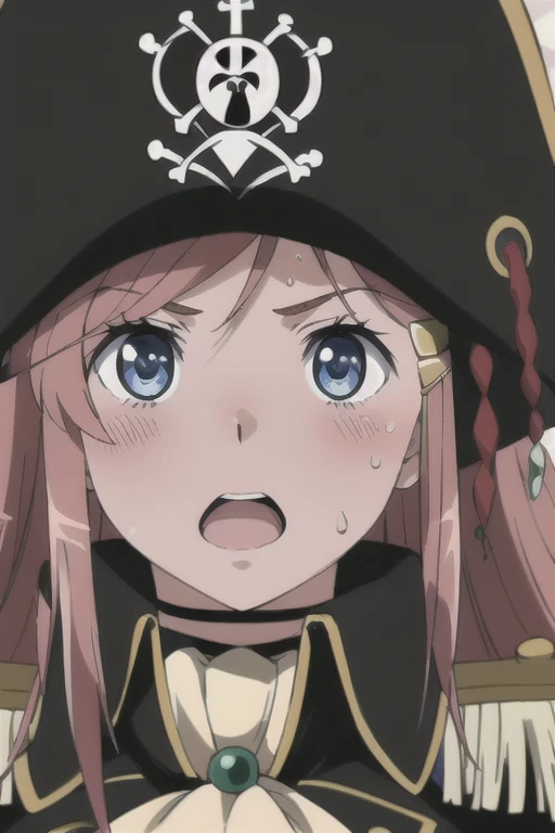 masterpiece, best quality, 1girl, detailed face and eyes, big breasts, Katou Marika, (black pirate costume), (black pirate hat), aroused facial expression, open mouth, blush, sweat, close-up