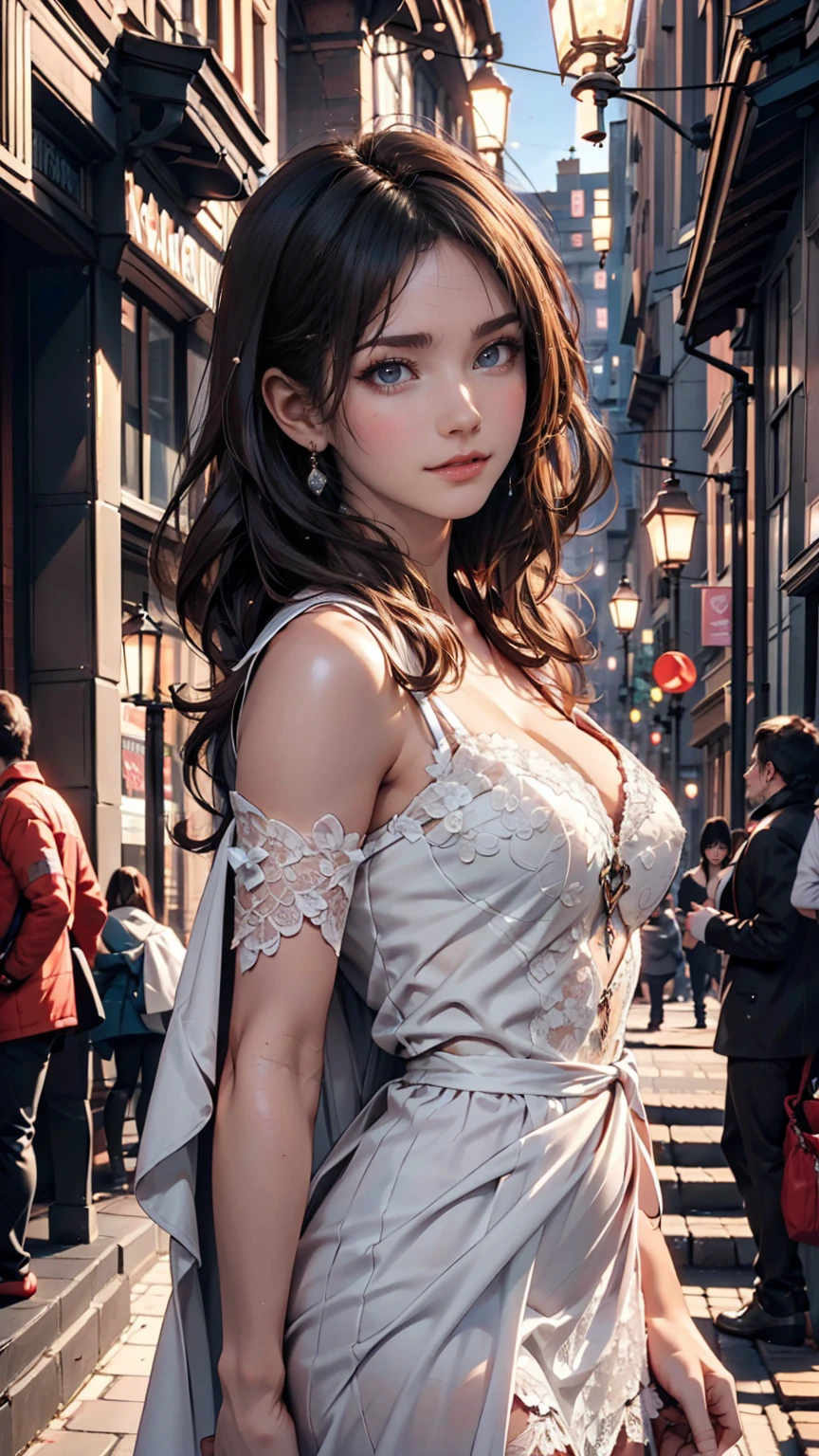 masterpiece, (Front Focus), Surrealist female portrait, Fantasy art, realism, Dynamic Lighting, Art Station, Poster, Volumetric lighting, Highly detailed face, black and fluffy eyes, Sparkling Eyes,4K, Award-winning, 1 girl, Modest,Full Body Shot, (Official attire: 1.4,white lace gown), Street lights, Dark brown hair, 24-year-old woman、Sexy proportionature female body、Sexy proportionakeup、Lips with red lipstick、Textured skin((textured skin))、smile、Narrow waist、
