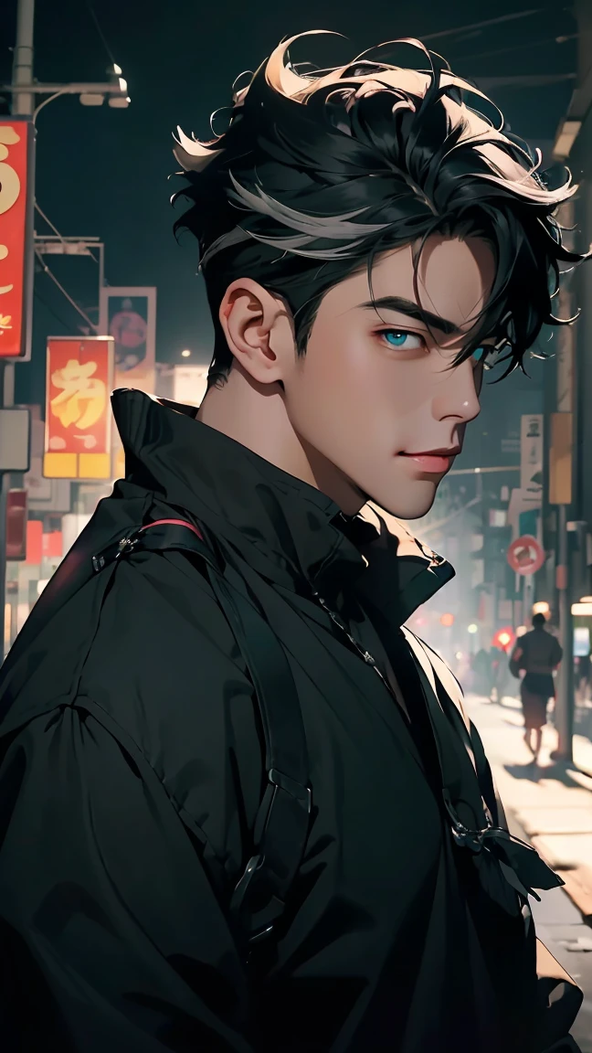 highest quality, 8K, high resolution image, anime style Jujutsu Kaisen, (Wriothesly/Genshin Impact), detailed strokes, bored look, blurry, purple light reflecting from it, (close angle), 1 man, young, male, model, Hand in pocket, Cool guy, multicolored background with different geometric shapes, around stickers, muscular, black hair, aqua eyes, multicolored hair, gray hair, highlighted hair, hairstyle: undercut, swollen chest. He is wearing a white Collared shirt, black fur coat on shoulders, sleeves rolled up and black sweatpants, black sweatpants and a gold link chain, sweatpants, background: big city, street