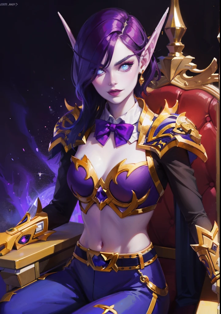 (8K, RAWphotograph, highest quality, masterpiece:1.2), High resolution, Super detailed, intricate details, disorganized, masterpiece, break , beautiful detailed woman, beautifully detailed mouth, highly detailed eyes and face, beautiful and fine eyes, 20 years old girl, (1girl, purple hair, short hair, spiral eyes, lustful eyes, smirk, tongue out) (digital) (looking at viewer) (body facing viewer) (sitting on chair), (Purple Forest background), (bow tie) (purple pants) (white top) (purple tuxedo)) , best quality, blue eyes, pointy ears, colored skin, blue skin, sleeves, Gloves, gold trim, crop top, voidelf