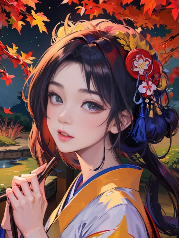 (Highest quality、 8k 、masterpiece、High resolution)、 Japanese painting、Vibrant colors、A woman wearing a kimono、Hands on chest、(Highly detailed face and eyes,Beautiful Face,Beautiful Eyes,Beautiful nose,Pretty lips)、Dynamic painting technique、Japanese garden、Autumn scenery、autumn leaves、Starry Sky、Detailed Description、