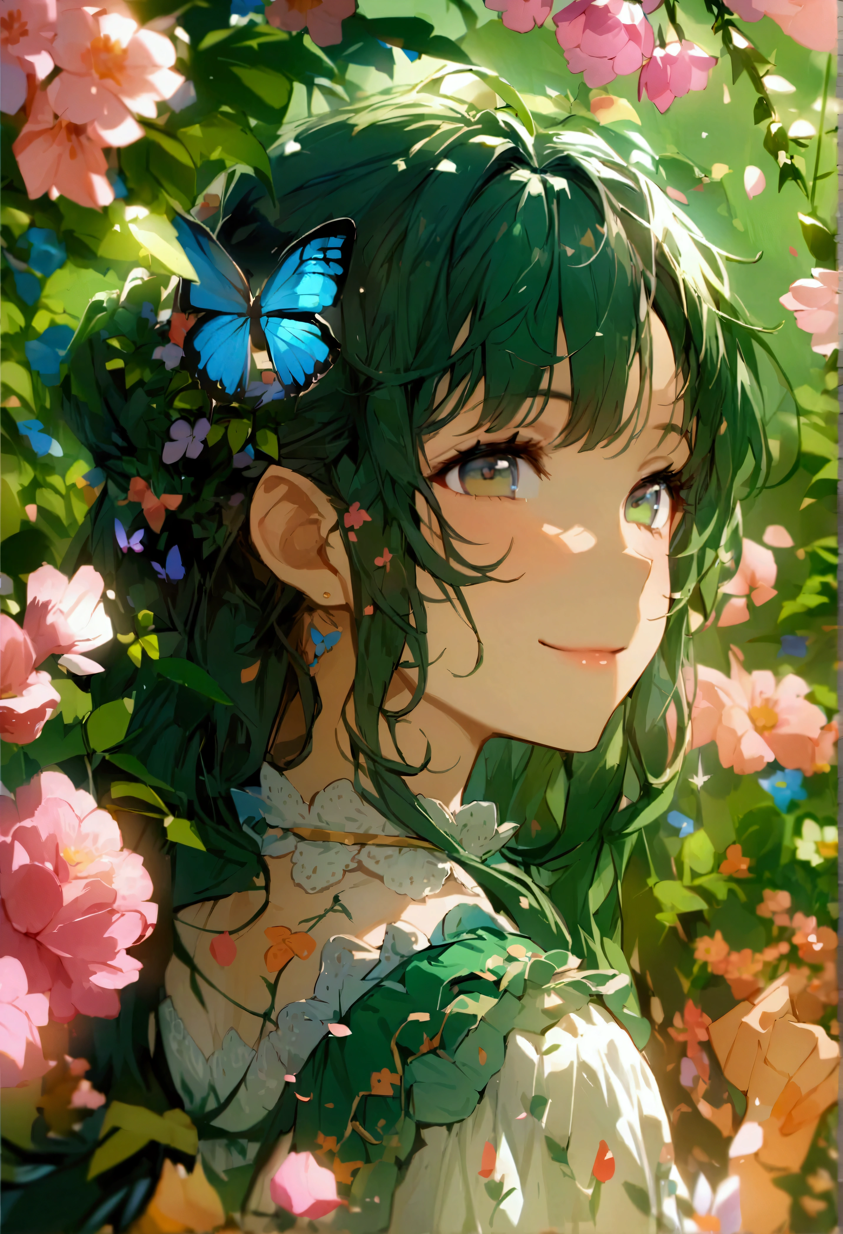 (masterpiece)、(best quality)、The face is rich in detail、Anime Girl、1 girl、Green ta Dress、Long hair、Lots of flowers、Butterfly、petal、Smile