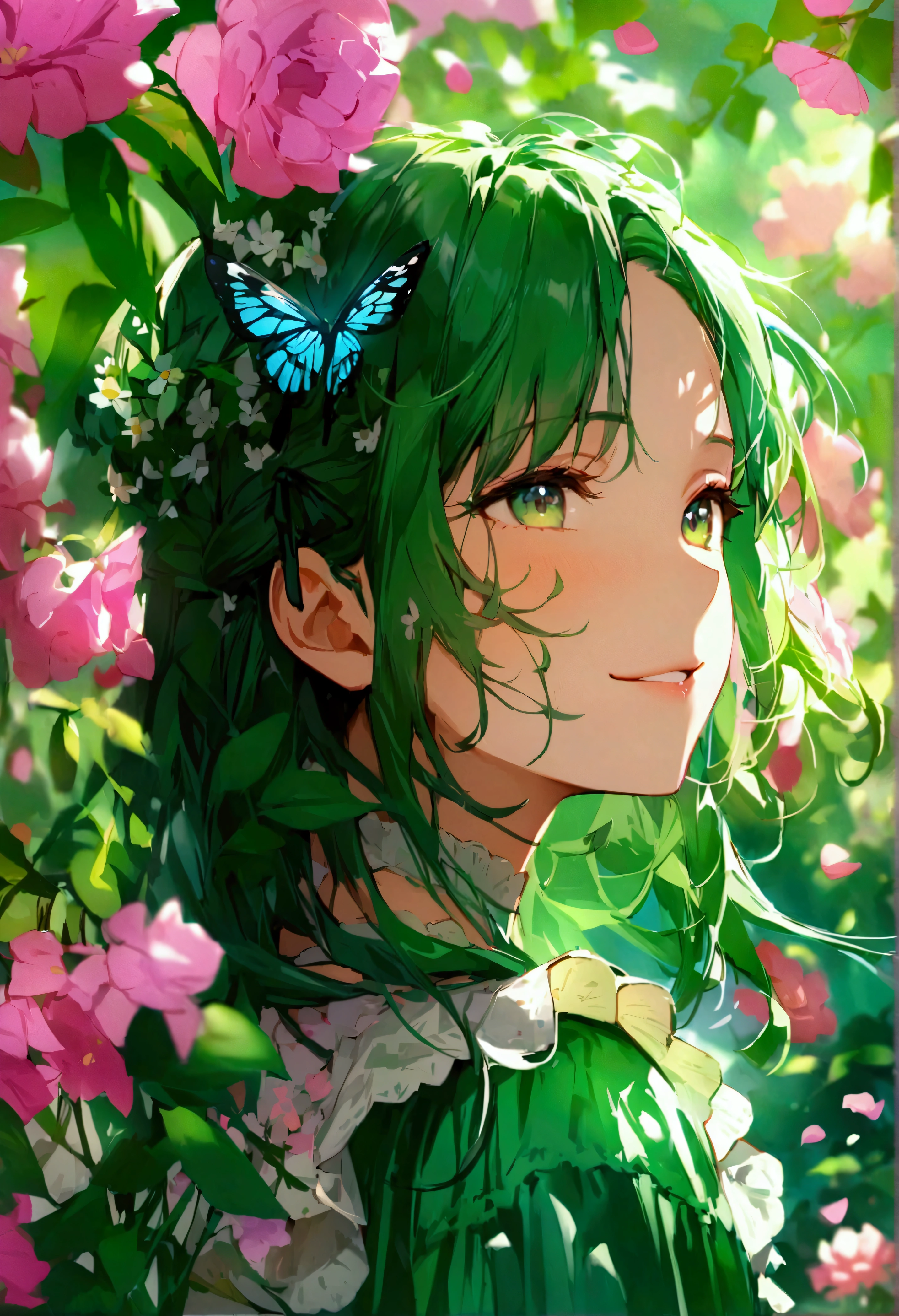 (masterpiece)、(best quality)、The face is rich in detail、Anime Girl、1 girl、Green ta Dress、Long hair、Lots of flowers、Butterfly、petal、Smile