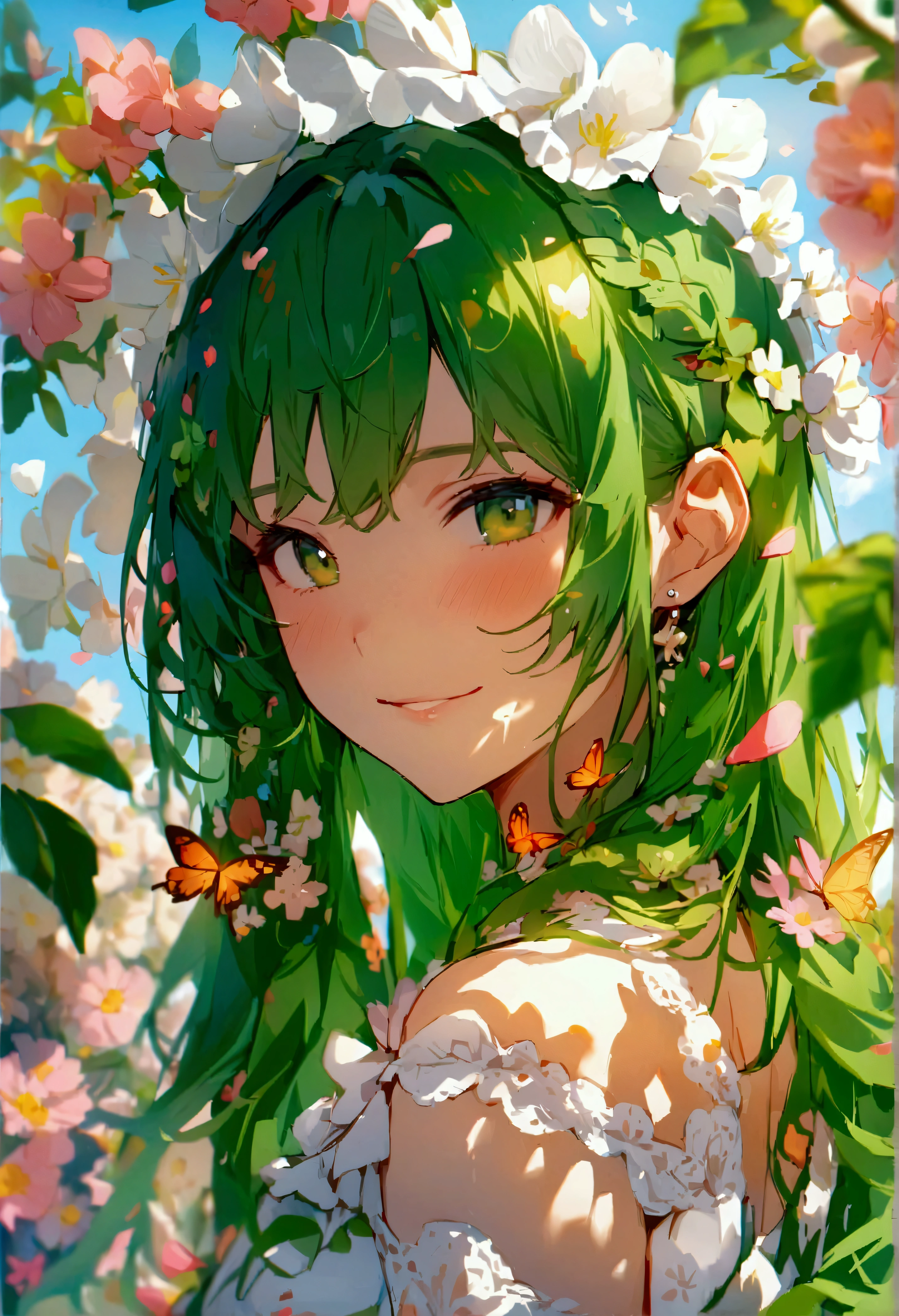 (masterpiece)、(best quality)、The face is rich in detail、Anime Girl、1 girl、Green Lolita Dress、Long hair、Lots of flowers、Butterfly、petal、Smile