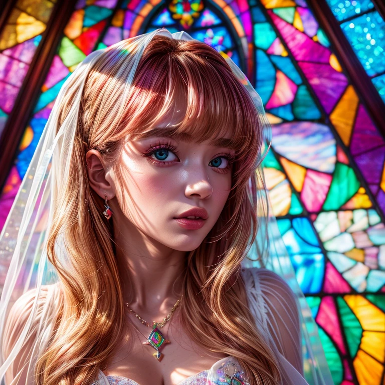RubyRed, ZoomLayer, TopQuality 8K masterpiece of ((Professional photo)), (((Clarisse de Cagliostro))) (Detailed White WeddingDresses), Chain, Closeup of (Extremely detailed KAWAII face) {VeiledFace|BlondeHair|BuleEyes}, The background is distant ((Elaborate stained glass)) Rainbow Glass, {MysticSight|EnchantingAtmosphere|(GodRays)|TyndallEffect}, Radiant PearlSkin with Transparency, (Exposed:0.38)