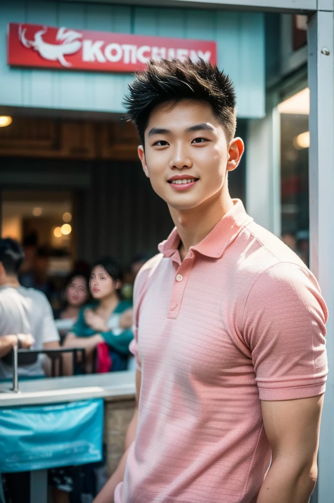 ((realistic daylight)) , Young Korean man in only a polo shirt, no stripes, and jeans., A handsome, muscular young Asian man looks at the camera.  , In the KFC store ,turn sideways, smile