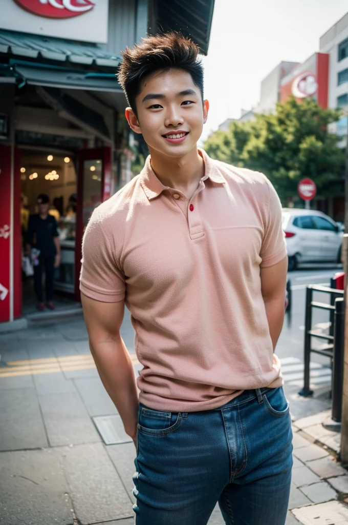 ((realistic daylight)) , Young Korean man in only a polo shirt, no stripes, and jeans., A handsome, muscular young Asian man looks at the camera.  , In the KFC store ,turn sideways, smile