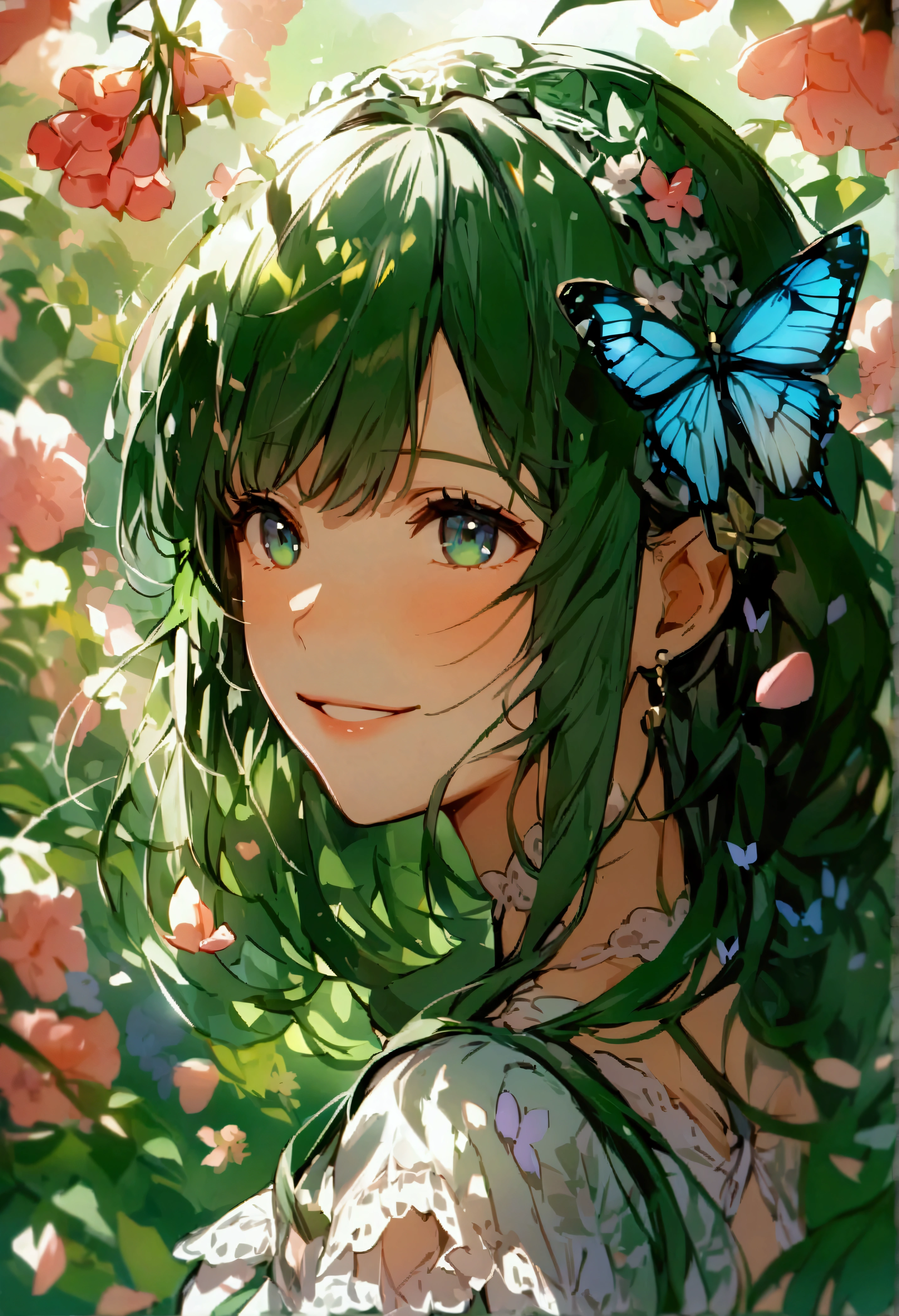 (masterpiece)、(best quality)、The face is rich in detail、Anime Girl、1 girl、Green Lolita Dress、Long hair、Lots of flowers、Butterfly、petal、Smile