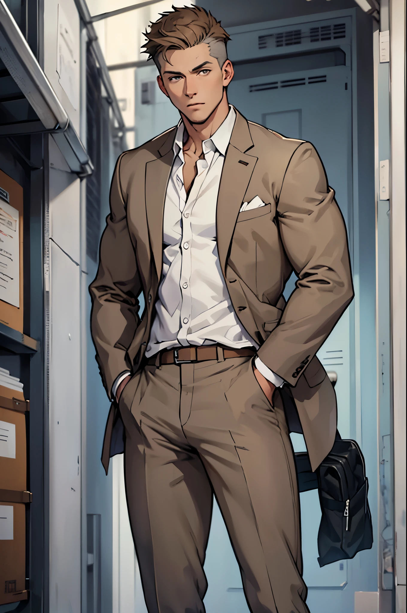 Drawing of a Young Chad, (Gray suit:1.3), Hands in pockets,(Brown short hair:1.3), Looking at the camera, male,White shirt
