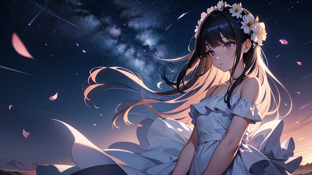 Impasto,Animecore,Moonbeams,Fairy light,Full Body Portrait,Nightography,Third-Person View,Full Length Shot(FLS), masterpiece,best quality,official art, extremely detailed CG unity 8k wallpaper,highly detailed,absurdres,8k resolution,Soft Lighting,Moody Lighting,Cinematic Lighting,Beautiful Lighting,prefect face,exquisite facial features,,adorable girl,doll,night,meteor shower,flower sea,muted color,partially colored,off-shoulder dress,white dress,slit pupils,beautiful detailed eyes,expressionless,long hair,black hair,swept bangs,long bangs,hair_flower,flower_petals,Bare shoulders,looking away,holding flower
