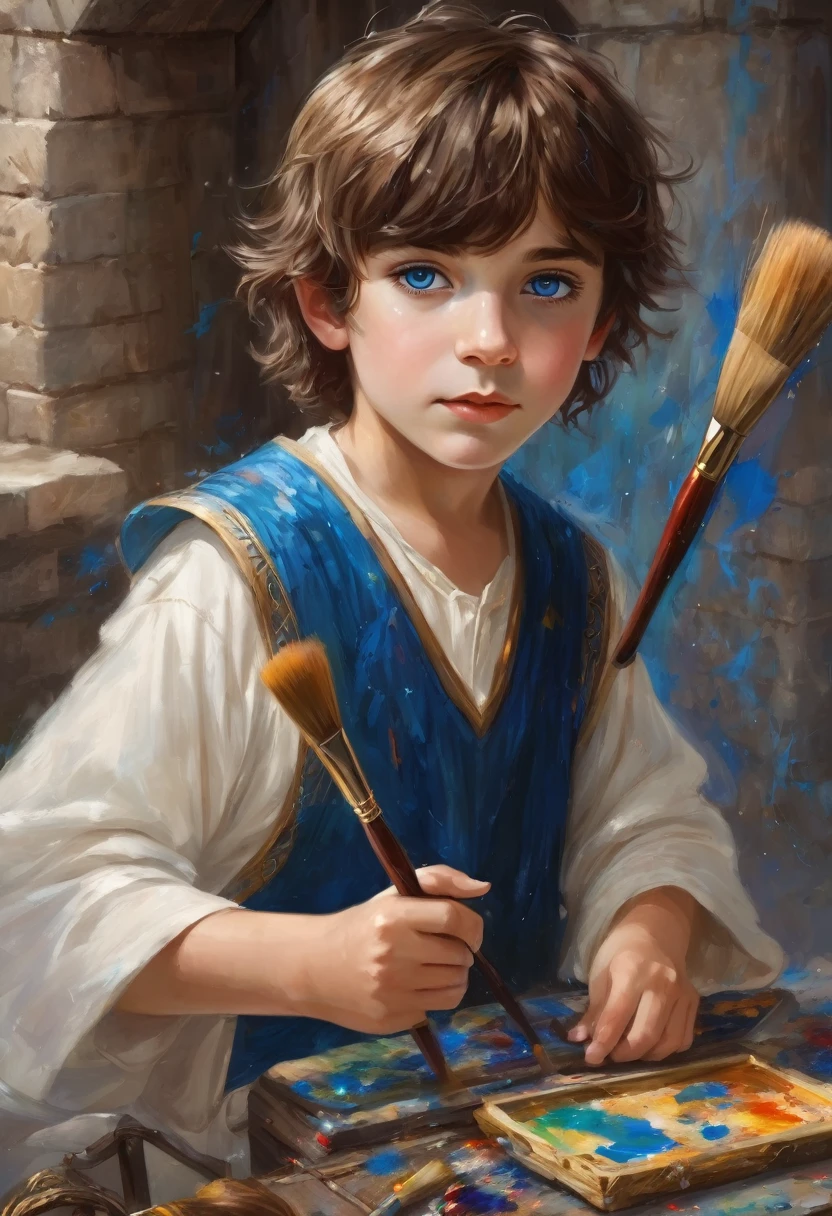 young boy , Medium Brown Hair with Messy Fringe Hairstyle., bright magical blue eyes, painting magic, magic paint brush, ancient magic use, White dress, medieval times, love detail, good quality