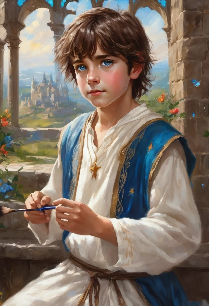 young boy , Medium Brown Hair with Messy Fringe Hairstyle., bright magical blue eyes, painting magic, magic paint brush, ancient magic use, White dress, medieval times, love detail, good quality