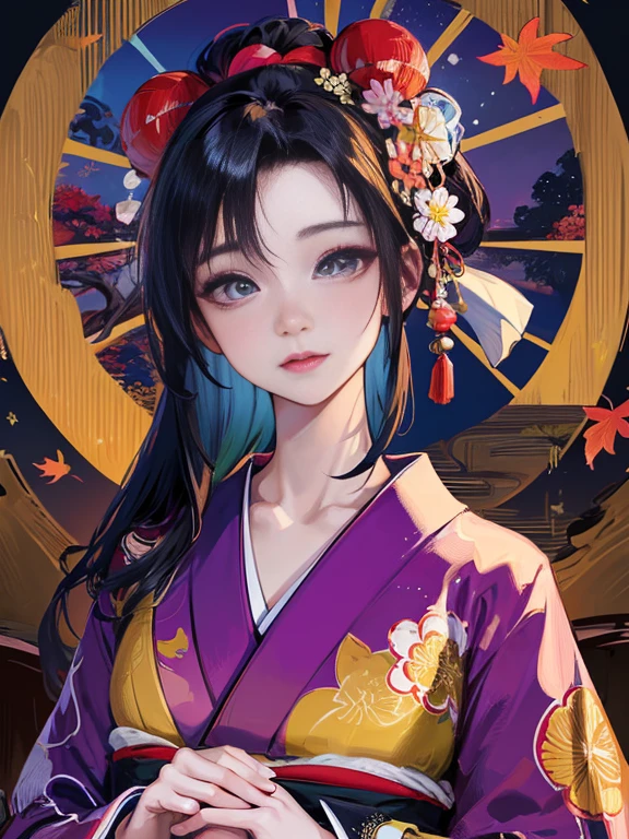 (Highest quality、 8k 、masterpiece、High resolution)、 Japanese painting、Vibrant colors、A woman wearing a kimono、Hands on chest、(Highly detailed face and eyes,Beautiful Face,Beautiful Eyes,Beautiful nose,Pretty lips)、Dynamic painting technique、Japanese garden、Autumn scenery、autumn leaves、Starry Sky、Detailed Description、