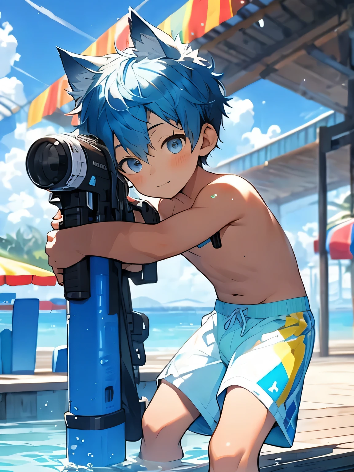 Shota,Blue Hair,Wolf ears,Toddler,blue eyes, Q version, cute, stand up, Masterpiece, high resolution,8K,Detailed background,high quality,Boys have strong sexual desire,Solitary,Swimming pants,Beach,Happy expression,water gun