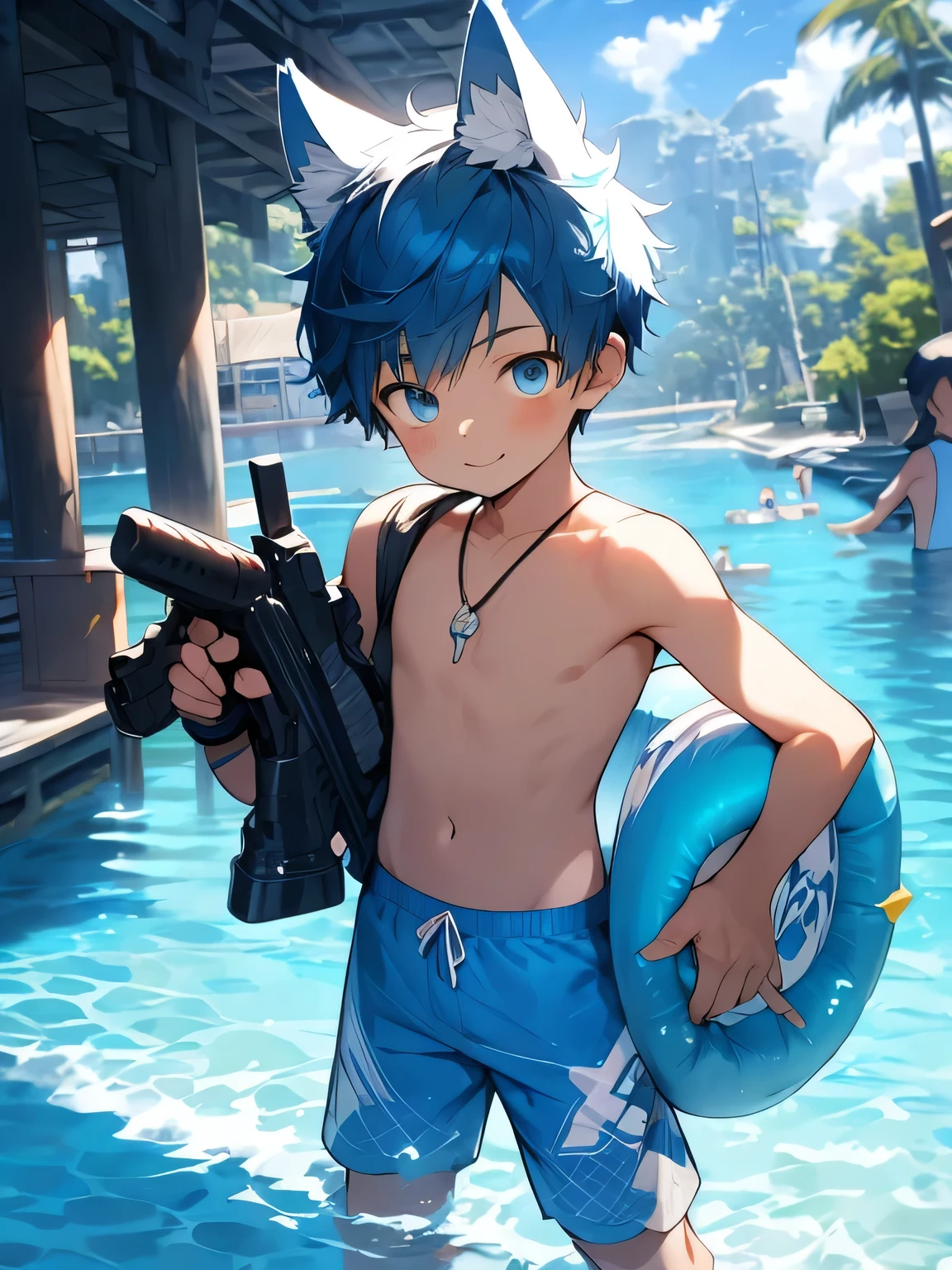 Shota,Blue Hair,Wolf ears,Toddler,blue eyes, Q version, cute, stand up, Masterpiece, high resolution,8K,Detailed background,high quality,Boys have strong sexual desire,Solitary,Swimming pants,Beach,Happy expression,water gun