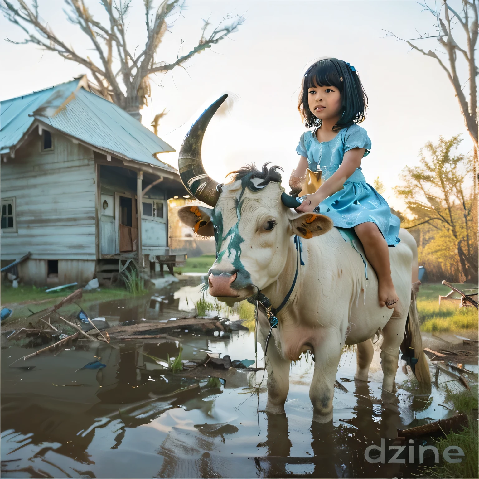 A little Asian girl with short black hair sits on the back of a one-horned cow, feeding the cow grass to eat, the girl is wearing a white and blue dress, bare feet, surrounded by a swampy ruin with dirty water on the ground, next to a wooden house, next to the wooden house are bare trees, realism, realistic picture.