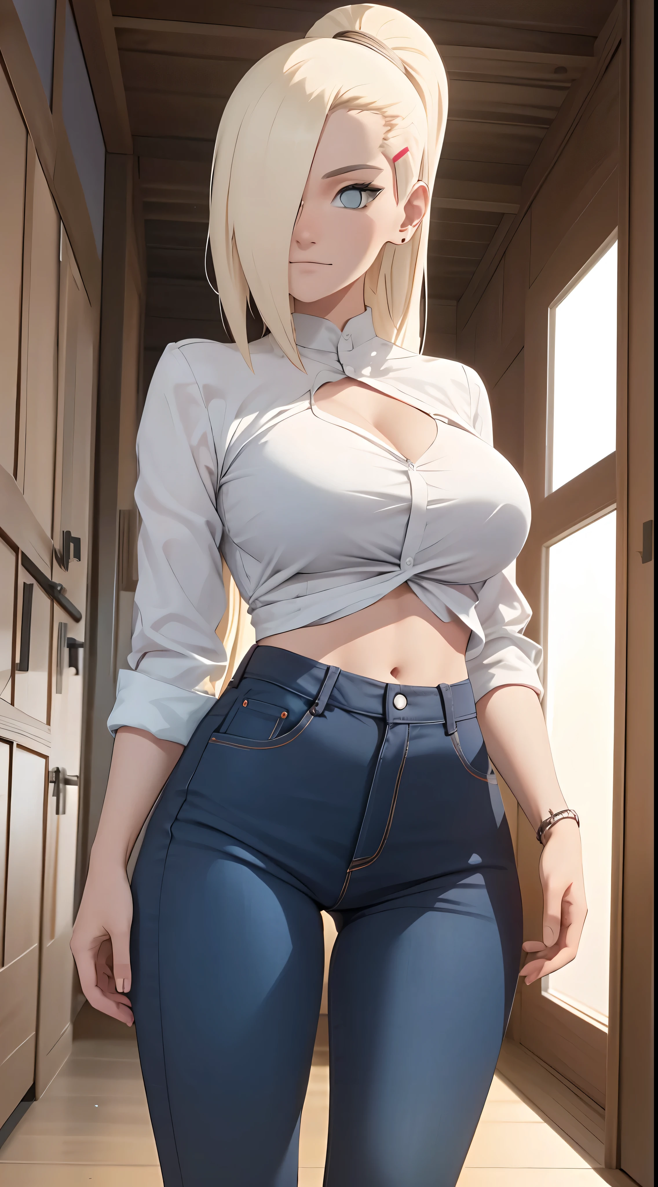 Ino yamanaka， snowing， sat，Cleavage，smil，Be red in the face，inside the room，Close-up Close-up，with a good figure,mid large breasts,someone, open white shirt,Blaue skinny Jeans,both arms behind the back,perfect ass,View from behind,view of the ass,Ass looks into the camera,round ass,shows her ass