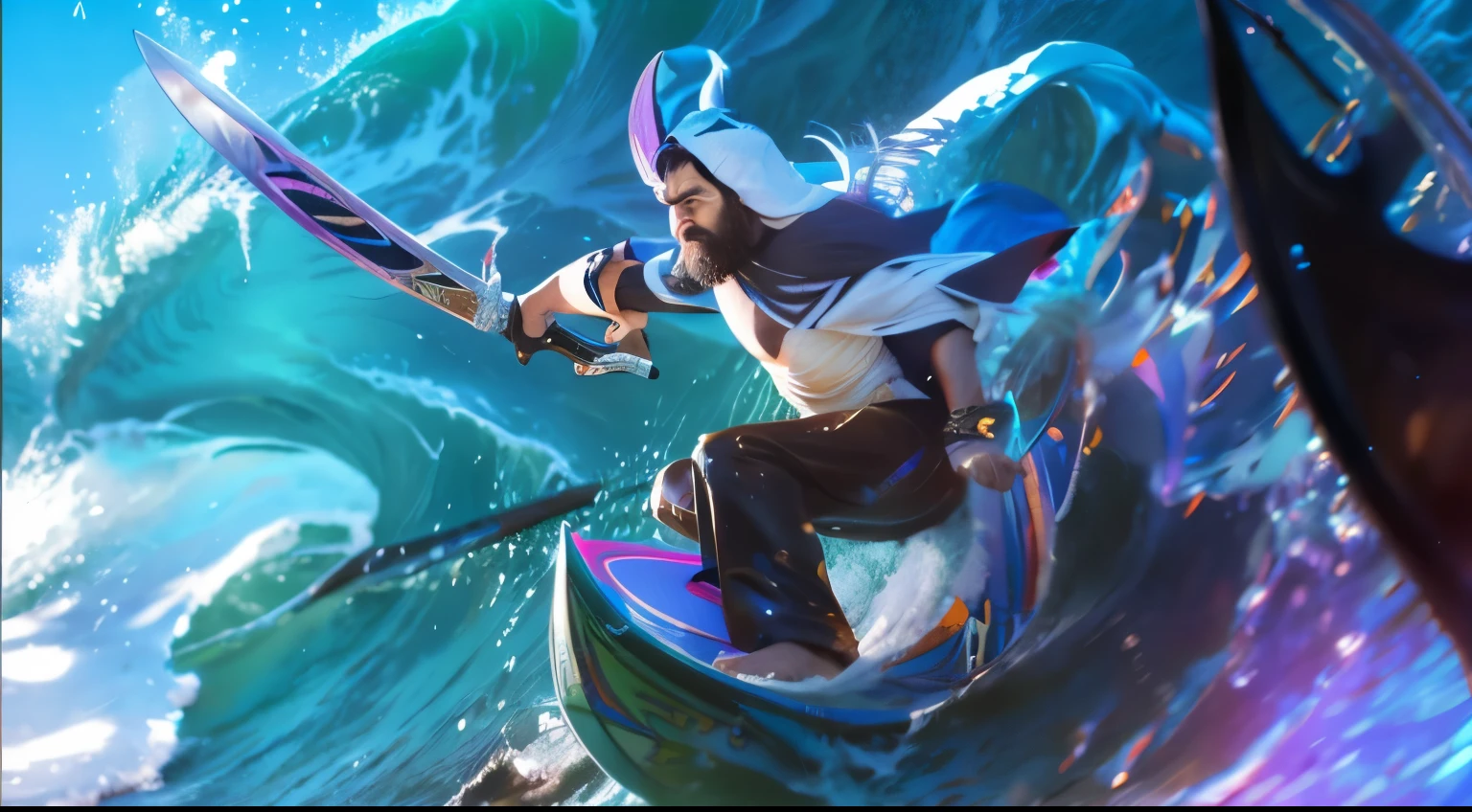 a bearded man whose face looks realistic while holding a sword and surfing in the waves