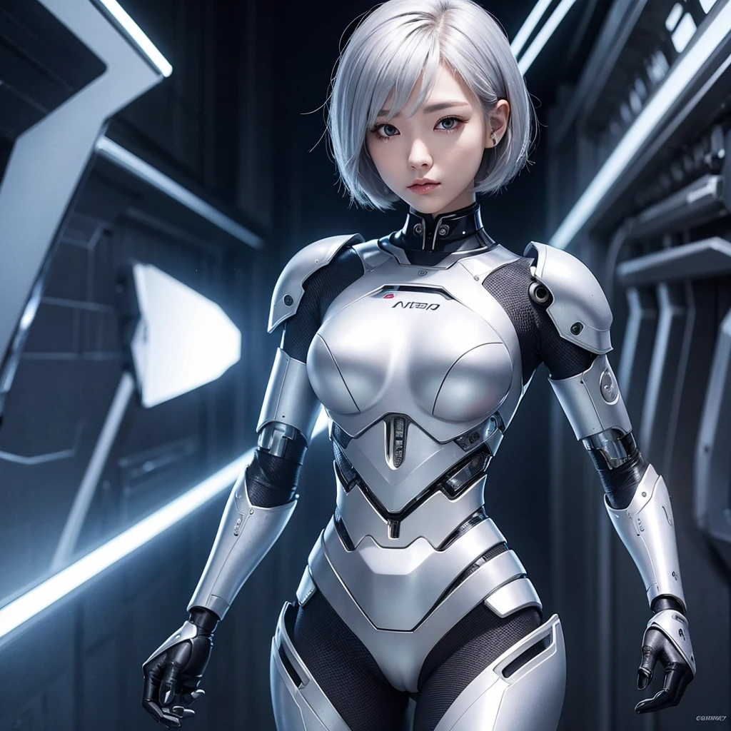 Android cyborg girl Asian very short hair silver full body