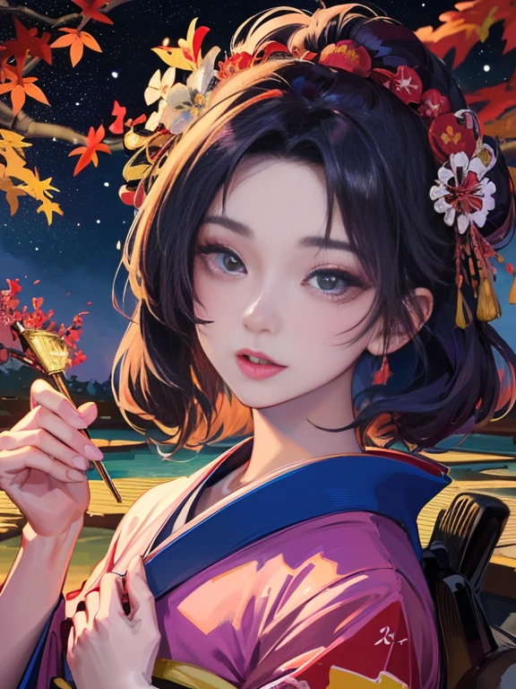 (Highest quality、 8k 、masterpiece、High resolution)、 Japanese painting、Vibrant colors、A woman wearing a kimono、Hands on chest、(Highly detailed face and eyes,Beautiful Face,Beautiful Eyes,Beautiful nose,Pretty lips)、Dynamic painting technique、Japanese garden、Autumn scenery、autumn leaves、Starry Sky、Susukino、Detailed Description、