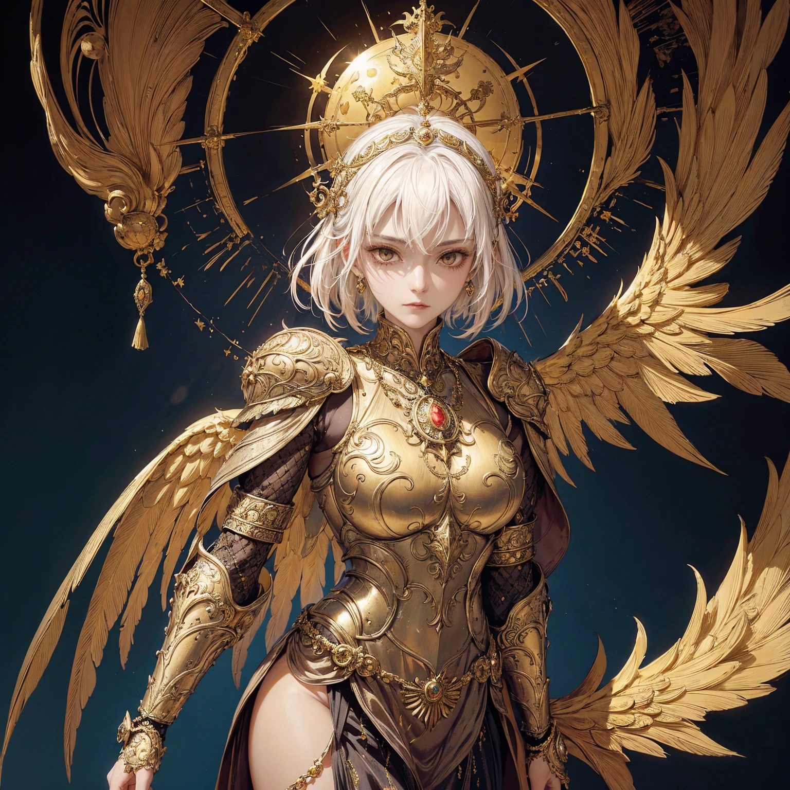 Art of elderly mature woman wearing sun crown, wearing ornate breastplate that exposes a small amount of skin above the chest, wearing golden long dress, a pair of armored angelic golden wings spread out behind the woman, ancient goddess art, Sacredness. Very detailed, Mysterious inspiration, Inspiration from the Sun God, Religious inspiration, Cold and snobbish face, No smile, Dangerous impersonal expressions, White hair, Standing, Full body portrait, Gothic art style, Weird art style, Occult art