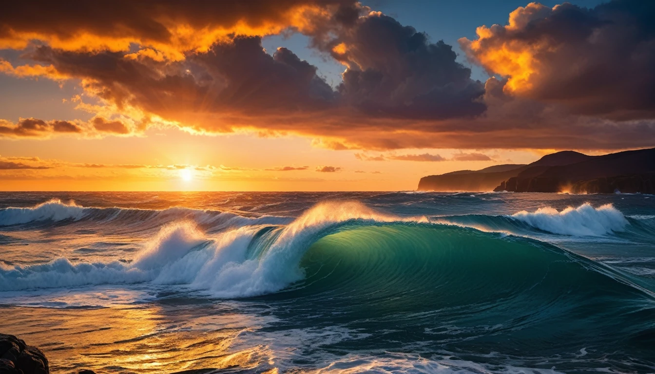 arafed view of a sunset over the ocean with waves crashing, golden time, chaotic sea setting, vibrant sunrise, breathtaking colors, breathtaking look, vibrant sunset, breathtaking composition, beautiful sea landscapes, stunning sunset, magnificent background, sunset glow, beautiful background, beautiful dreamy breathtaking, marc adamus, warm beautiful scene, epic sunset, beautiful sunset, beautiful sunset glow, beautiful ocean