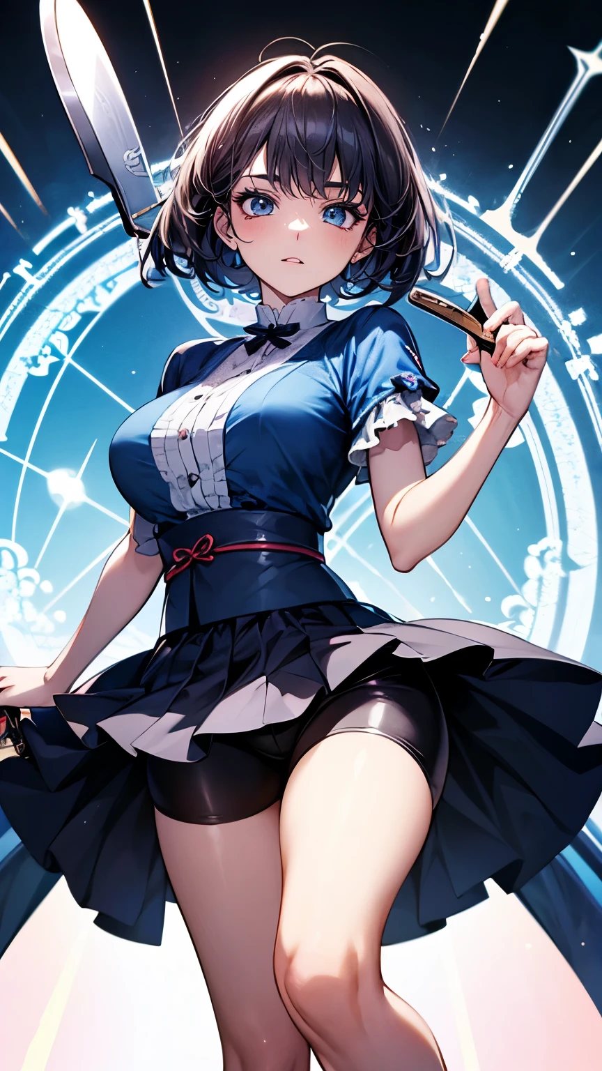 (Very delicate and beautiful:1.2)super model,,Beautiful breasts,voluptuous,【bike shorts】,,【3girls】,,Highest quality, High resolution, 8k,Kick in a hurry.mini skirt,Japanese ta,knife,Blue Flame.magic circle