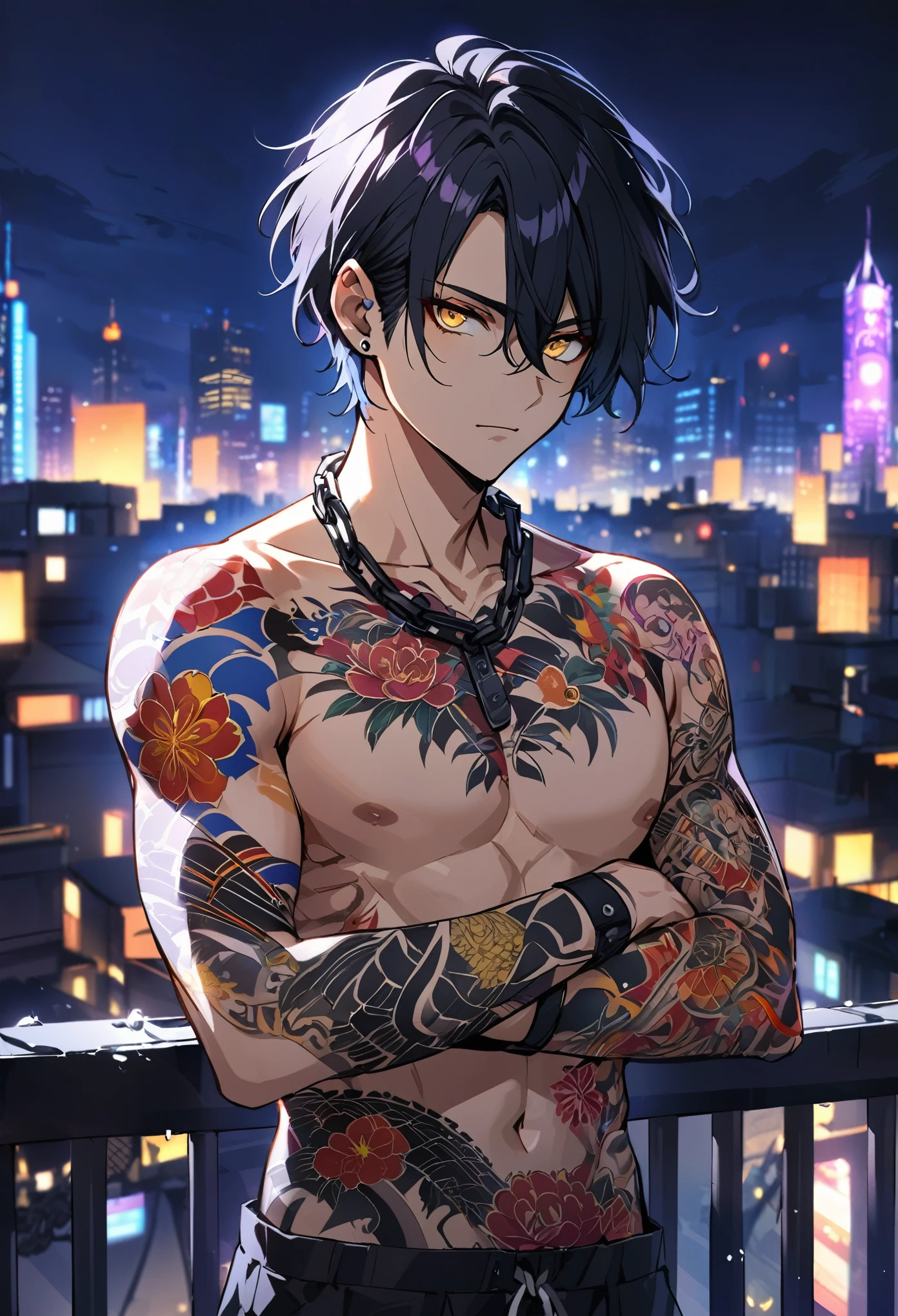 One Man, Short Hair, Blue-black hair, Bright yellow eyes, Wearing a purple casual jacket, Upper body naked, Wearing black pants , Japanese style tattoo, Colorful Tattoos, Chains all over my arms, Night city background