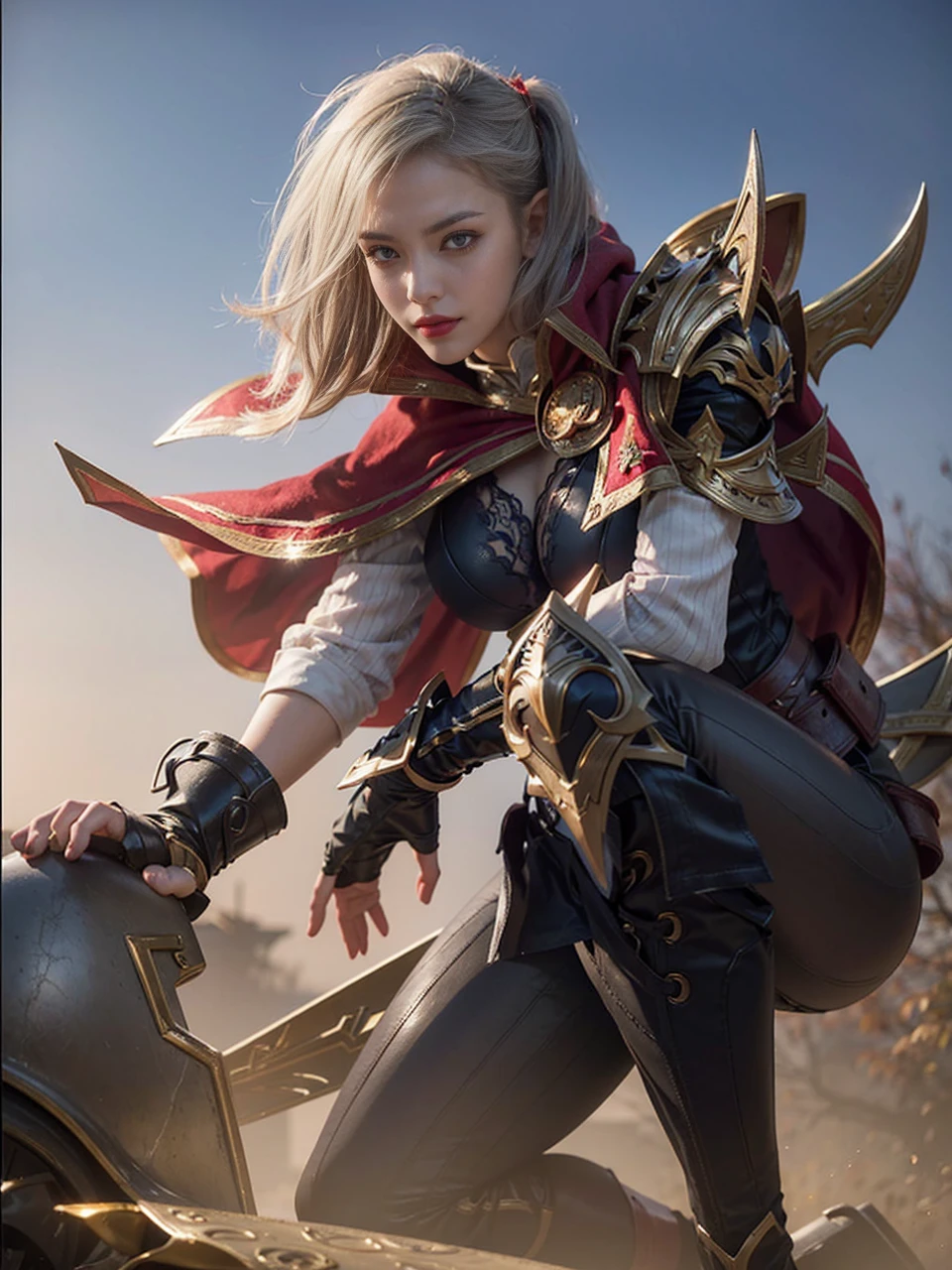 (female:1.2), 8k, ultra hd, ultra detailed texture, hyper realistic, masterpiece, detailed texture, detailed face, detailed skin, detailed lighting, (photorealistic:1.5), best quality, beautiful lighting, cinematic lighting, professional lighting, ultra highres, realistic, detailed hair, real hair, high quality, (realskin:1.5), extremely detailed, finely detail, ultra-detailed, 1girl, solo, elf, pointy ears, standing, demon horns, forehead protector, (red eyes:1.5), v-shapped eyebrow, lips, red lips, evil smile, nose, make up, pretty, beautiful, cute face, long hair, blue hair, high ponytail, large breasts, cleavage, armpit, navel, stomach, black armor, pauldrons, bare shoulders, shoulder armor, thigh high, sleevless, detached sleeves, breastplate, gauntlets, karina \(mobile legends\), depth of field, looking aways, white skin, skin tight, amazing pose, outdoors, glowing, dark view, blurry background