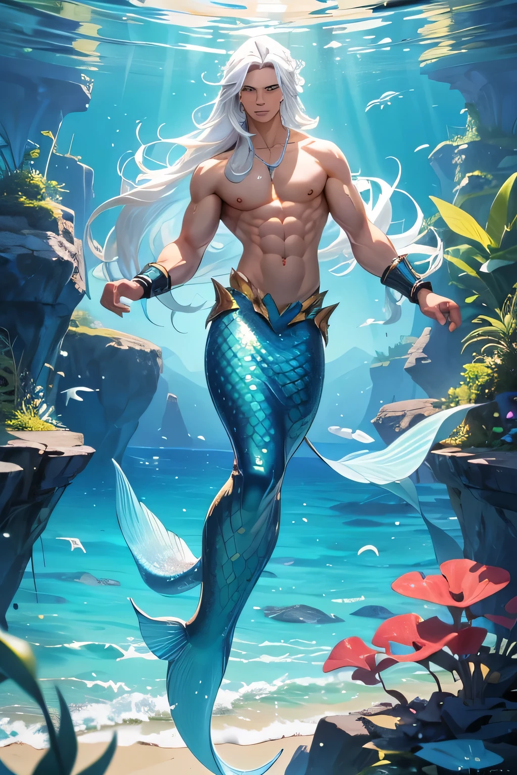 There are many marine plants，Small fish as background，A handsome male mermaid with long white hair and a muscular body