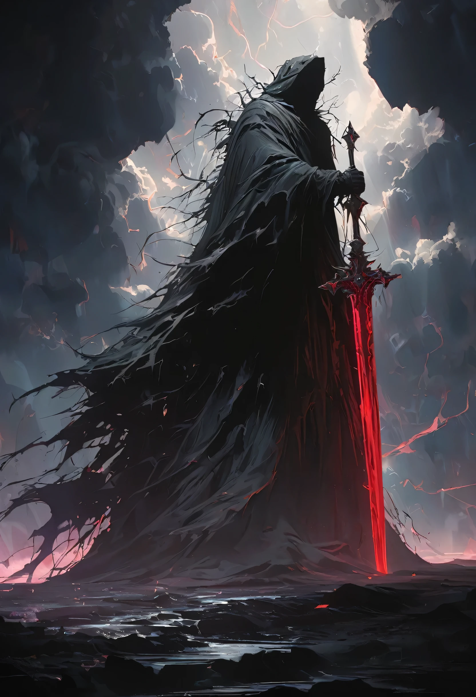 (masterpiece, best quality:1.2), Death in the Storm,cloak,Holding red double swords,moonlight,heavily clouded,Thunder and lightning, Dark fantasy illustration style , Dark Arts, High contrast, Dark Shadows, Atmospheric perspective, Melancholic colors, Thin Film Component, Volumetric Lighting, number, Brushstrokes, Dramatic Lighting, Low angle shot, Surrealism, Very detailed, Surrealism