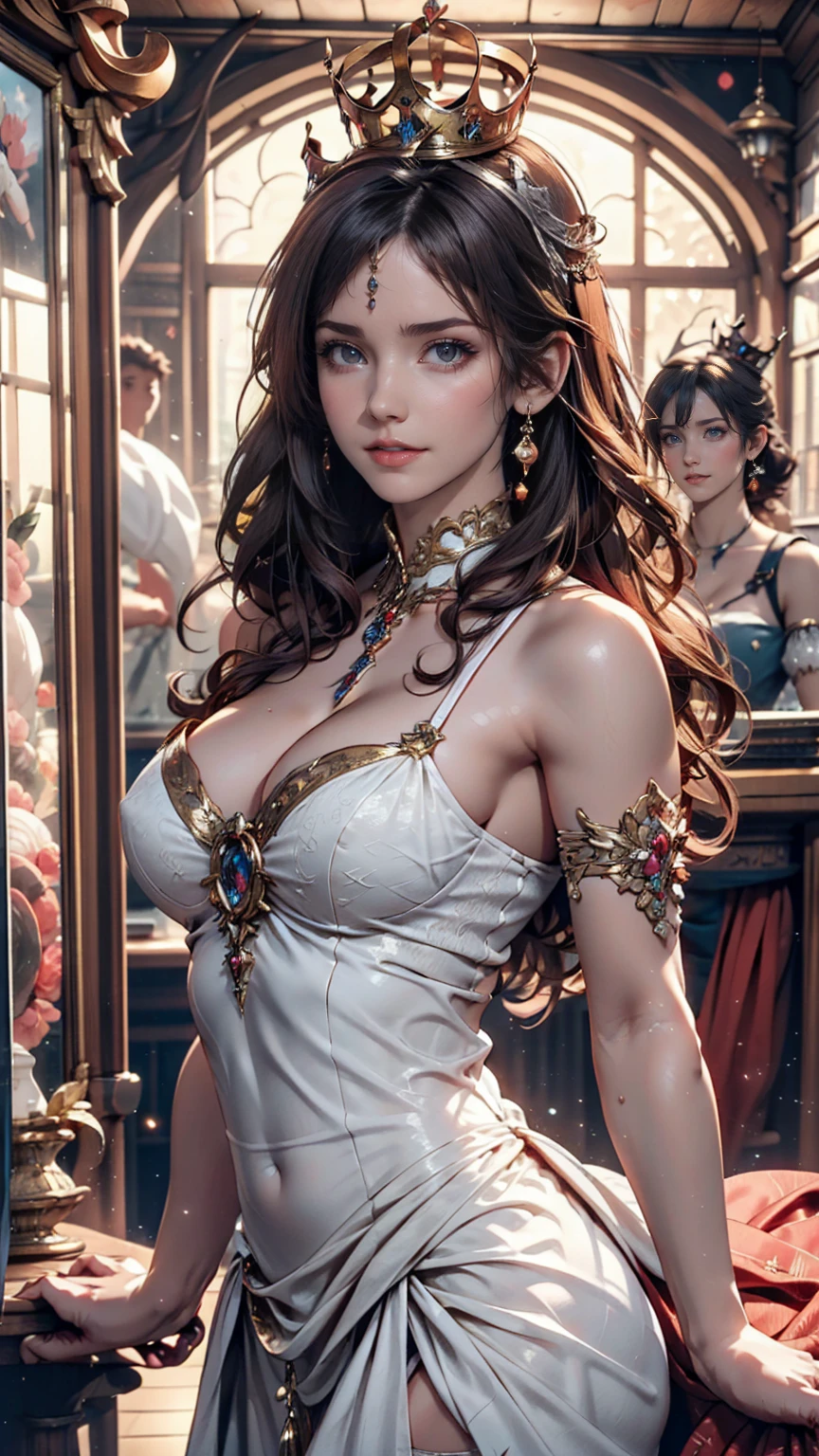 There is a woman in a white dress with a crown on her head., a Beautiful fantasy queen, ((Beautiful fantasy queen)), Portrait of a Princess,((Luxurious Picture Frame)) Works of art in the Gubes style. 5D CGI Anime Fantasy Artwork, 8K high definition detailed art、Red lipstick