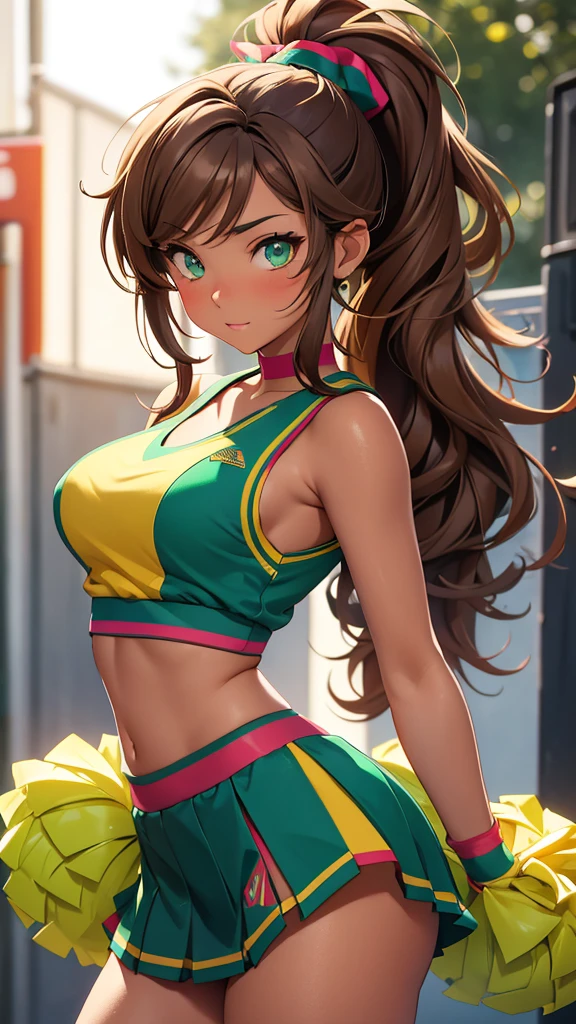 (masterpiece), (4k), )vivid colors), (evening light) 16 year old woman with tanned skin, green eyes, with wavy brown hair with a high ponytail dressed in a (cheerleader costume) sexy