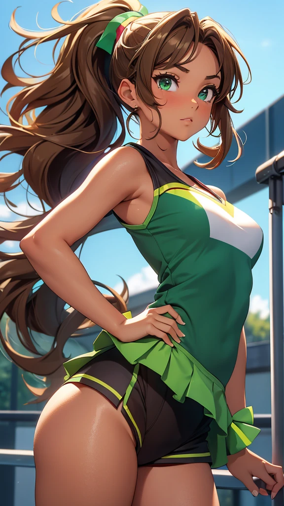 (masterpiece), (4k), )vivid colors), (evening light) 16 year old woman with tanned skin, green eyes, with wavy brown hair with a high ponytail dressed in a (cheerleader costume) sexy