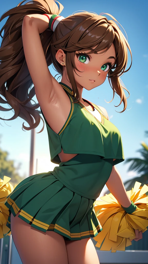(masterpiece), (4k), )vivid colors), (evening light) 16 year old woman with tanned skin, green eyes, with wavy brown hair with a high ponytail dressed in a (cheerleader costume) sexy