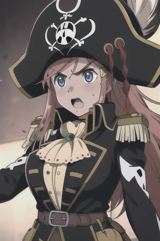 masterpiece, best quality, 1girl, detailed face and eyes, big breasts, Katou Marika, (black pirate costume), belt, (black cargo pants), (black pirate hat), angry facial expression, shocked eyes, open mouth, yell, sweat
