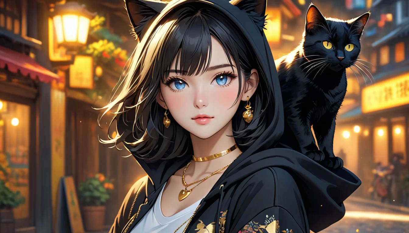 very beautiful girl, there is a big black cat ride on her shoulder, the beautiful girl wearing hoodie, black cat wearing gold necklace, half body, 8k