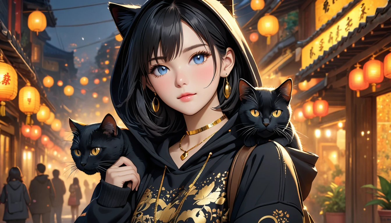 very beautiful girl, there is a big black cat ride on her shoulder, the beautiful girl wearing hoodie, black cat wearing gold necklace, half body, 8k