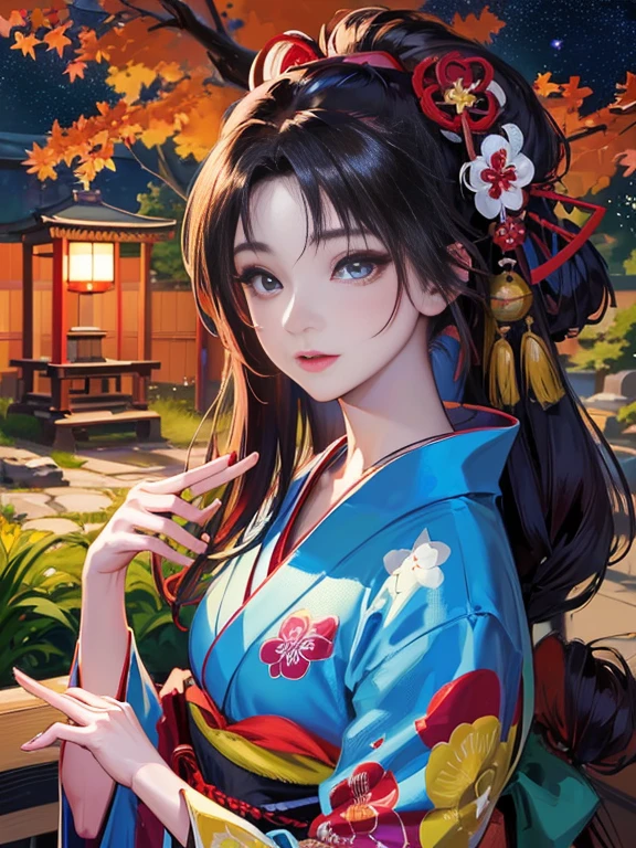 (Highest quality、 8k 、masterpiece、High resolution)、 Japanese painting、Vibrant colors、A woman wearing a kimono、Hands on chest、(Highly detailed face and eyes,Beautiful Face,Beautiful Eyes,Beautiful nose,Pretty lips)、Dynamic painting technique、Japanese garden、Autumn scenery、autumn leaves、Starry Sky、Susukino、Detailed Description、