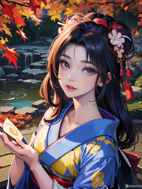 (Highest quality、 8k 、masterpiece、High resolution)、 Japanese painting、Vibrant colors、A woman wearing a kimono、Hands on chest、(Highly detailed face and eyes,Beautiful Face,Beautiful Eyes,Beautiful nose,Pretty lips)、Dynamic painting technique、Japanese garden、Autumn scenery、autumn leaves、Starry Sky、Susukino、Detailed Description、