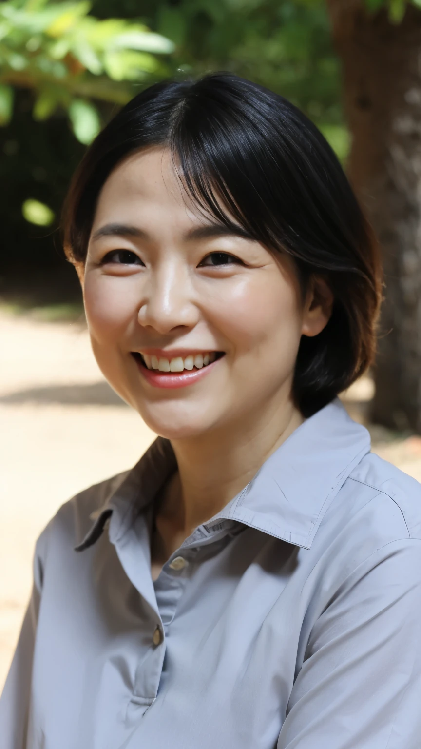 Standing in the park, Wrinkles around the eyes, Smiling with teeth showing, Plain short-sleeved clothing, senior citizen, Draw lips correctly, Red lipstick, No discomfort, 16K, Highest quality, Very detailed, Realistic, Very detailed肌, (Japanese), (alone), 100 years old, Large Breasts, , Glamour, sexy, Chromo White Skin, Staring straight ahead,