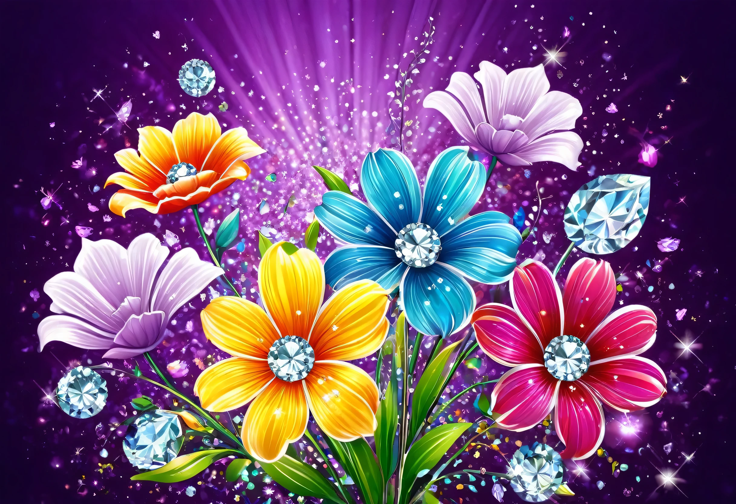 there are many Colorful flowers with diamonds on them on a purple background, Beautiful flowers and crystals, flower shine, magical Colorful flowers, rich floral color, Detailed Flowers, Colorful flowers, Colorful flowers, Beautiful and colorful, Shining Petals, Colorful flowers, with Colorful flowers, brightly Colorful flowers, Magic Flower, Floral Flowers Colorful, elegant and colorful, With beautiful colors