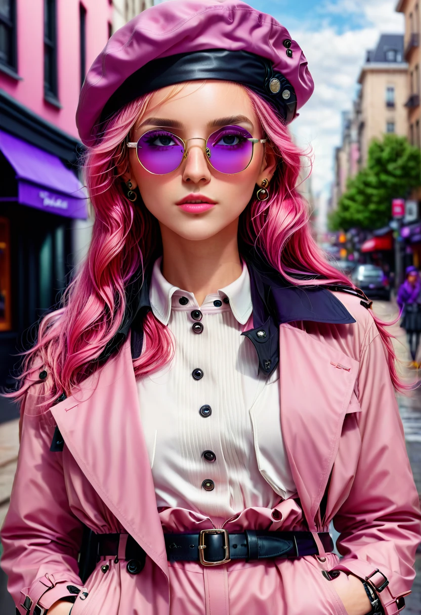 4k, ultra detailed, photorealistic, extremely detailed eyes, fashionable clothing, pink trenchcoat, french beret, black pants with belt, long hair, in the city, pink hair, purple eyes, yae miko, fashionable sunglasses