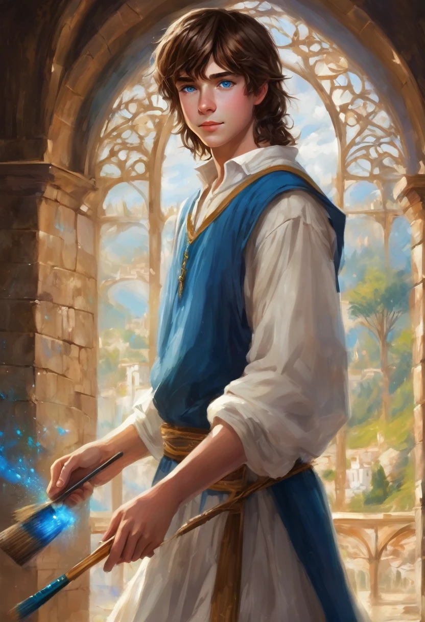 young teen boy , Medium Brown Hair with Messy Fringe Hairstyle., bright magical blue eyes, painting magic, magic paint brush, ancient magic use, White dress, medieval times, love detail, good quality